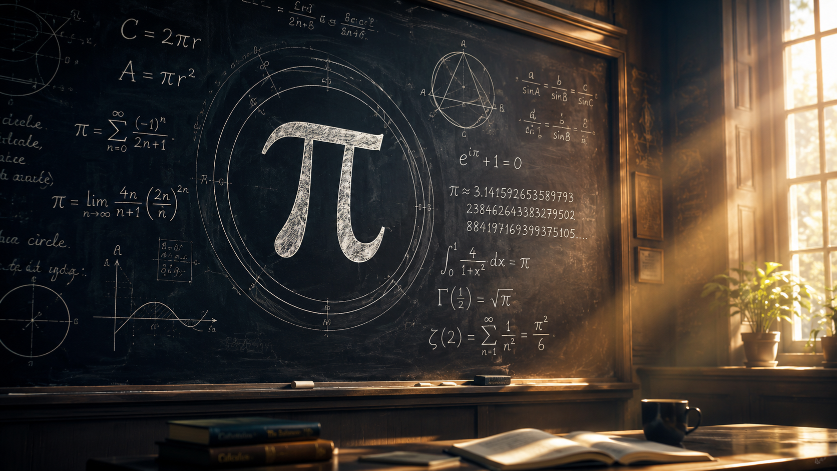 A chalkboard filled with the symbol pi, classical formulas, and circular geometry